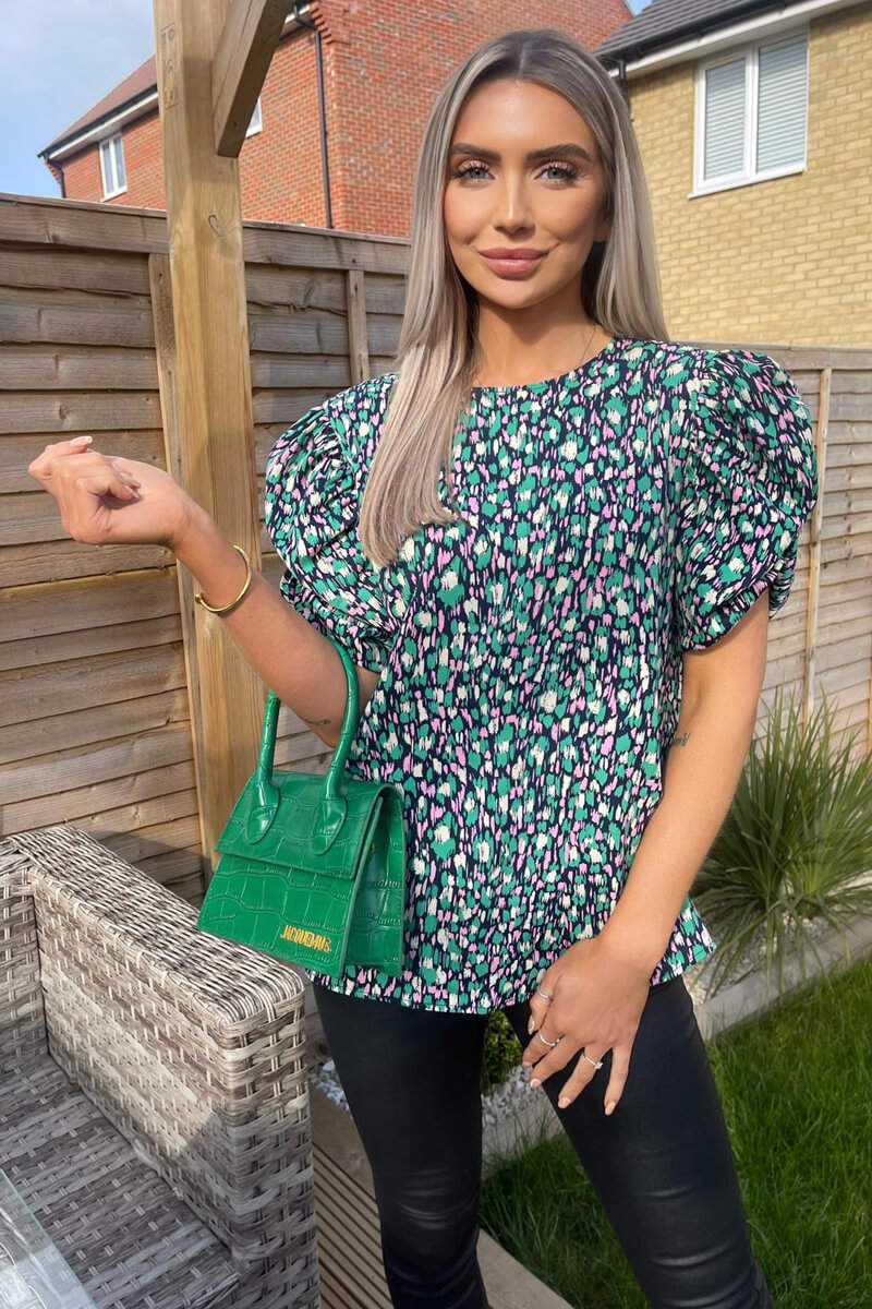 Navy Green And Pink Printed Balloon Sleeve Top