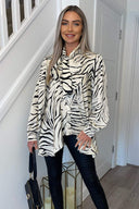 Stone Animal Print Satin Tie Neck Shirt