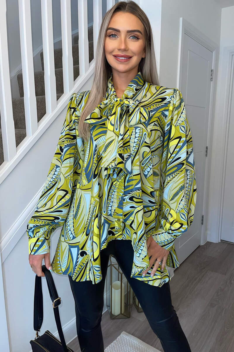 Lime Printed Tie Neck Shirt