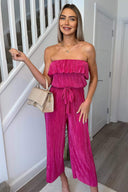 Cerise Plisse Bardot Jumpsuit