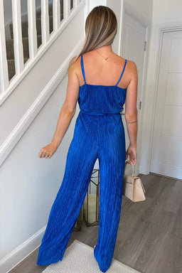 Cobalt Wrap Top Tie Waist Full Length Plisse Jumpsuit