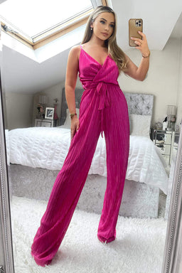 Cerise Wrap Top Tie Waist Full Length Plisse Jumpsuit