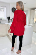 Red Long Sleeve Gathered Detail Button Up Top