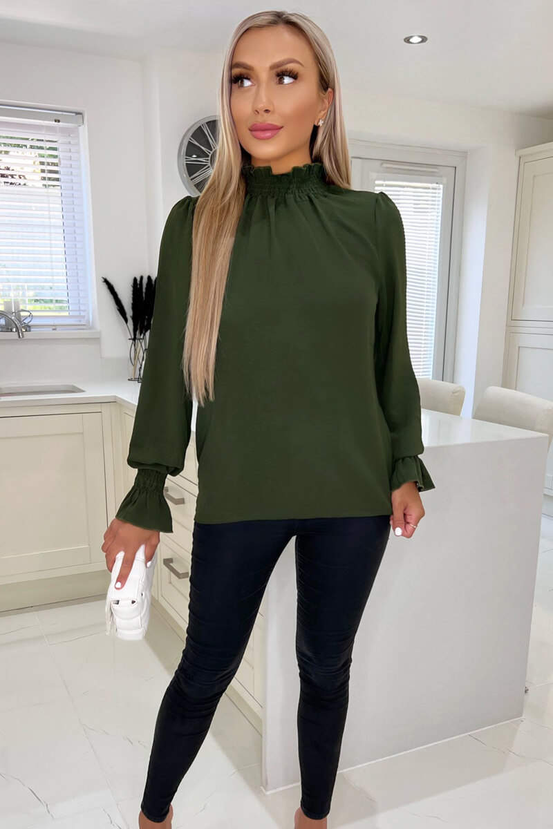 Olive Elasticated Cuff And Neck Long Sleeve Top
