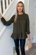 Olive Long Sleeve Round Neck Smock Top