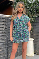 Navy And Green Floral Printed Playsuit
