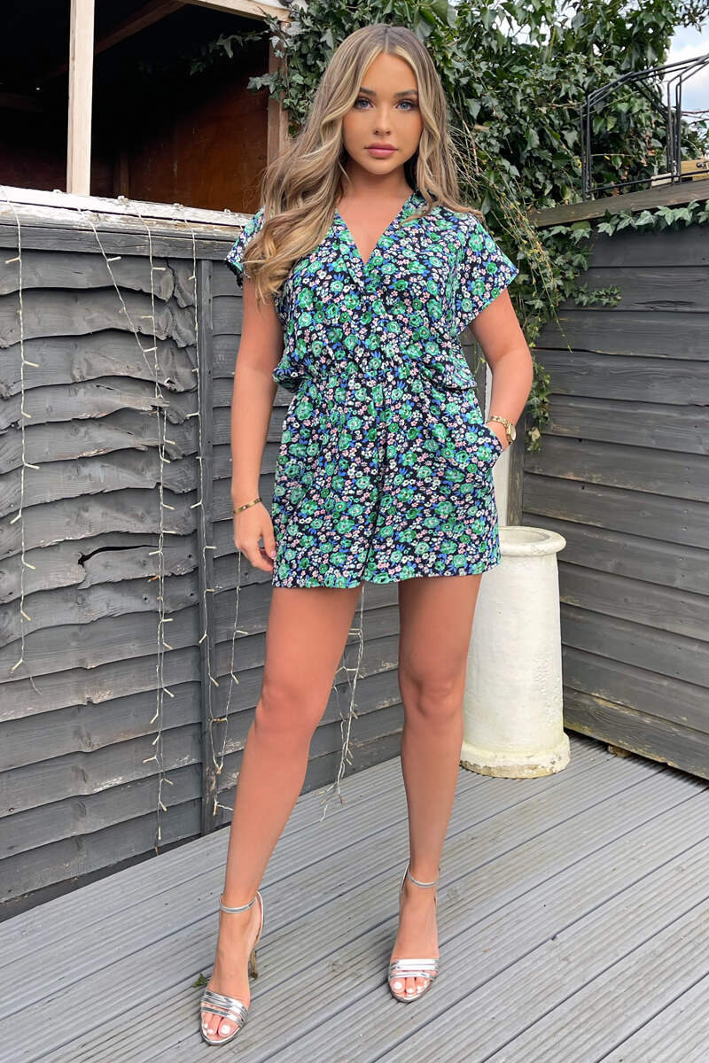 Navy And Green Floral Printed Playsuit
