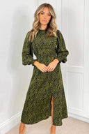 Khaki Animal Print Long Sleeve Ruffle Front Midi Dress