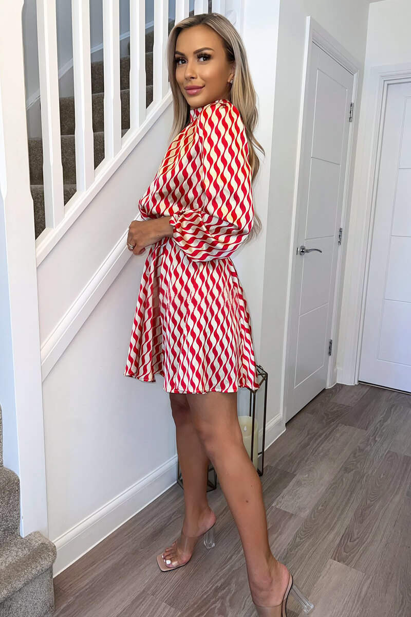 Red and Stone Printed Long Sleeve Skater Dress