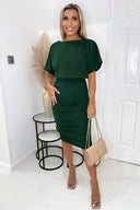 Forest Green Short Sleeve Side Ruched Midi Dress