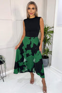 Green And Black Floral Print 2 in 1 Midi Dress