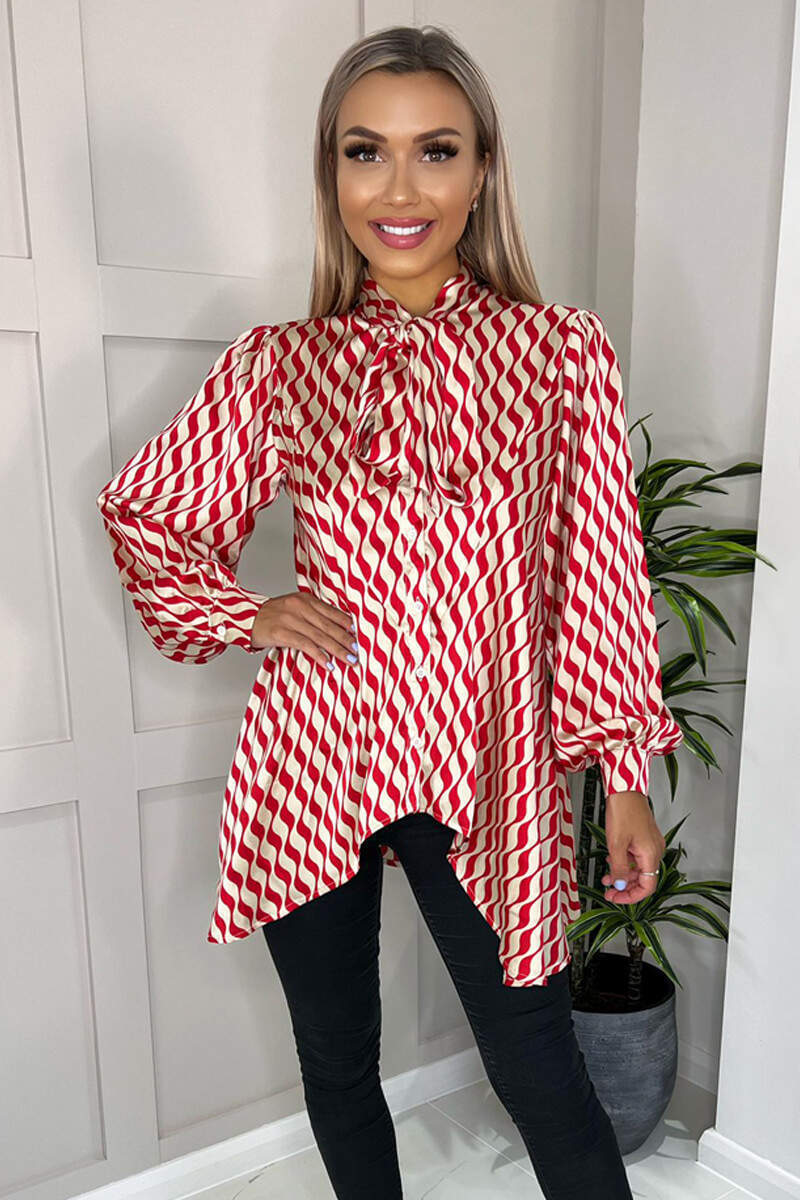 Red Printed Tie Neck Shirt