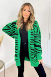 Green And Black Fluffy Knit Long Sleeve Animal Print Cardigan