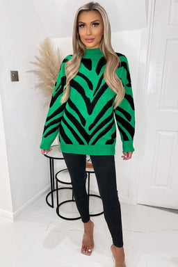 Green Animal Print Long Sleeve High Neck Soft Knitted Jumper