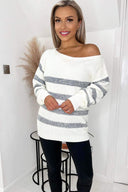 Cream and Grey Striped Off The Shoulder Jumper
