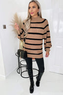 Camel And Black Striped Balloon Sleeve High Neck Knitted Jumper