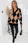 Black And Camel Geo Diamond Pattern V Neck Long Sleeve Knitted Jumper