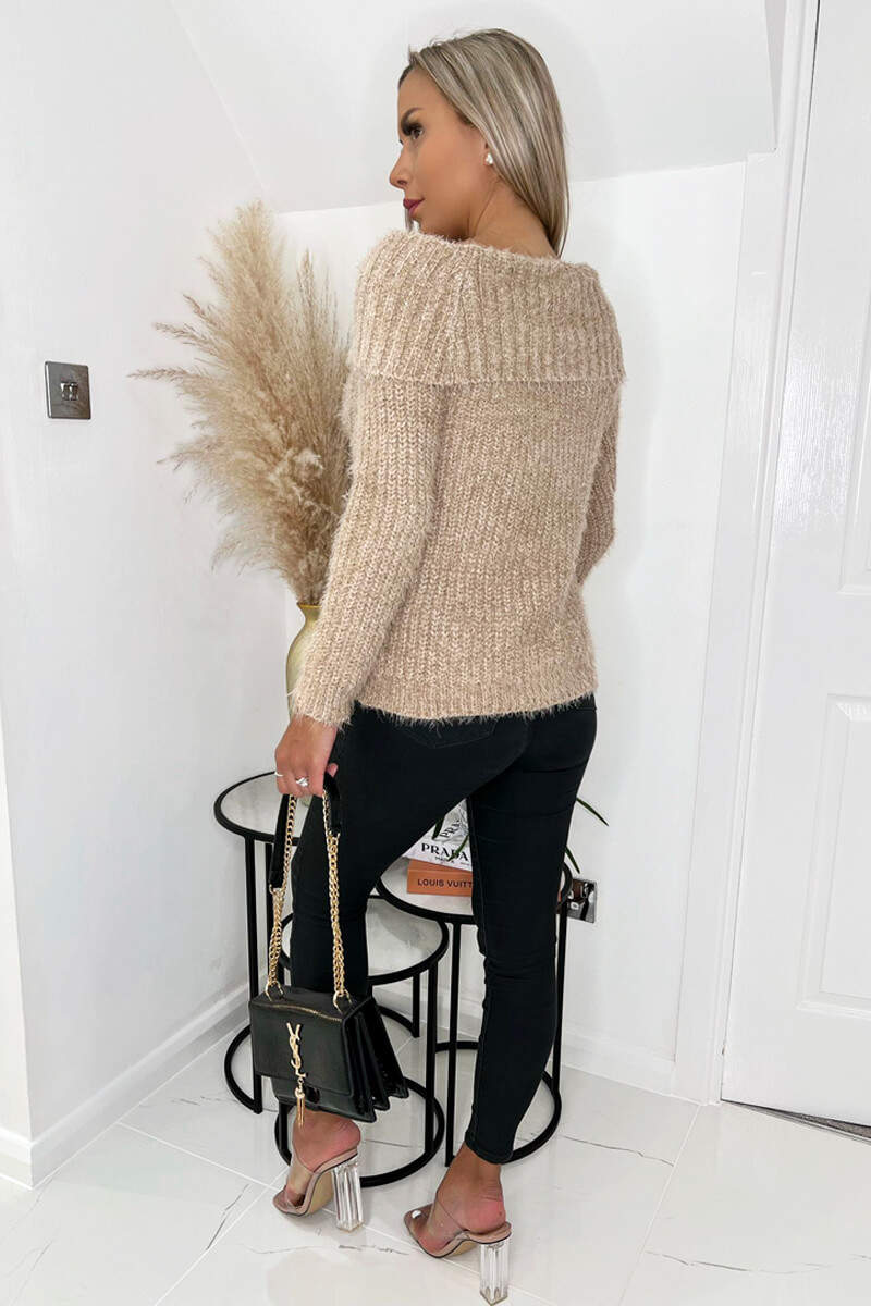 Mocha Wide Roll Neck Long Sleeve Fluffy Knitted Jumper