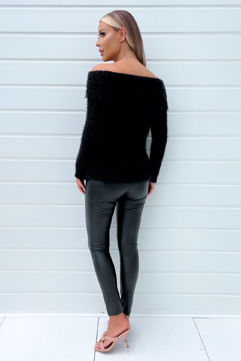 Black Wide Roll Neck Long Sleeve Fluffy Knitted Jumper