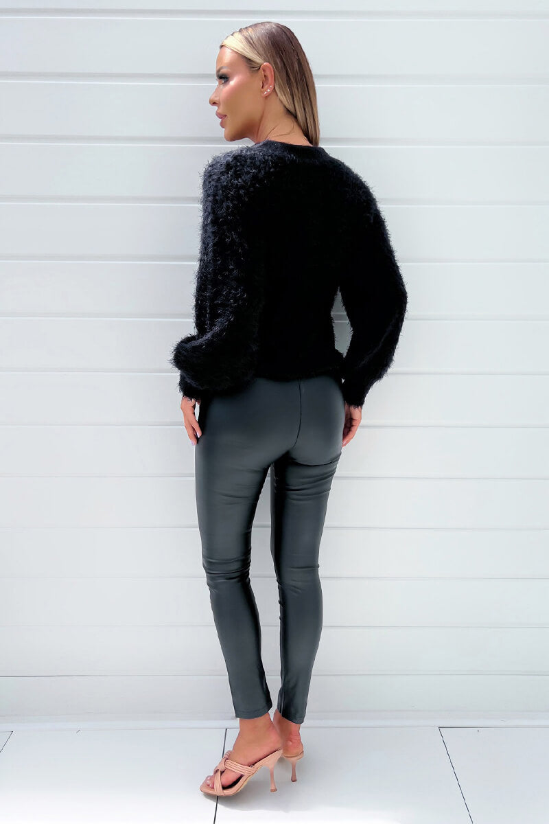 Black Fluffy Knit Button Front Cropped Cardigan