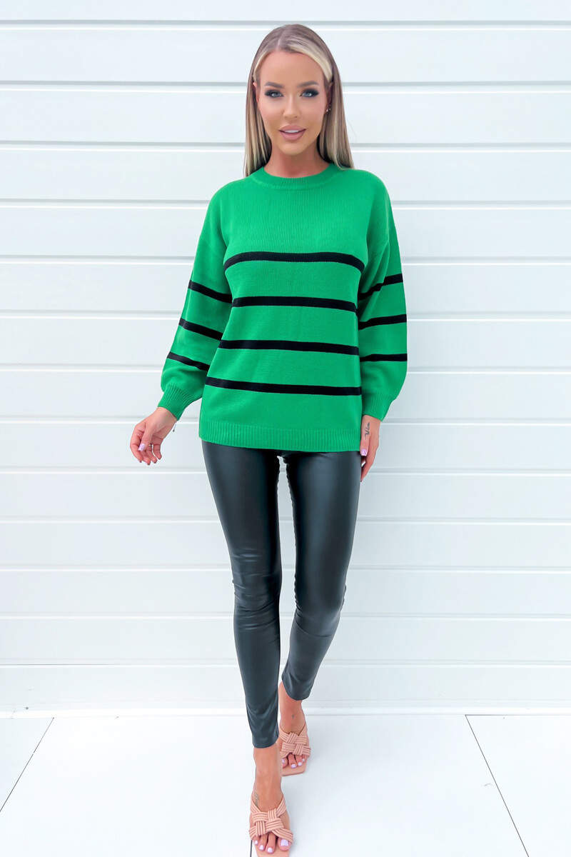 Green And Black Striped Print Long Sleeve Round Neck Knitted Jumper