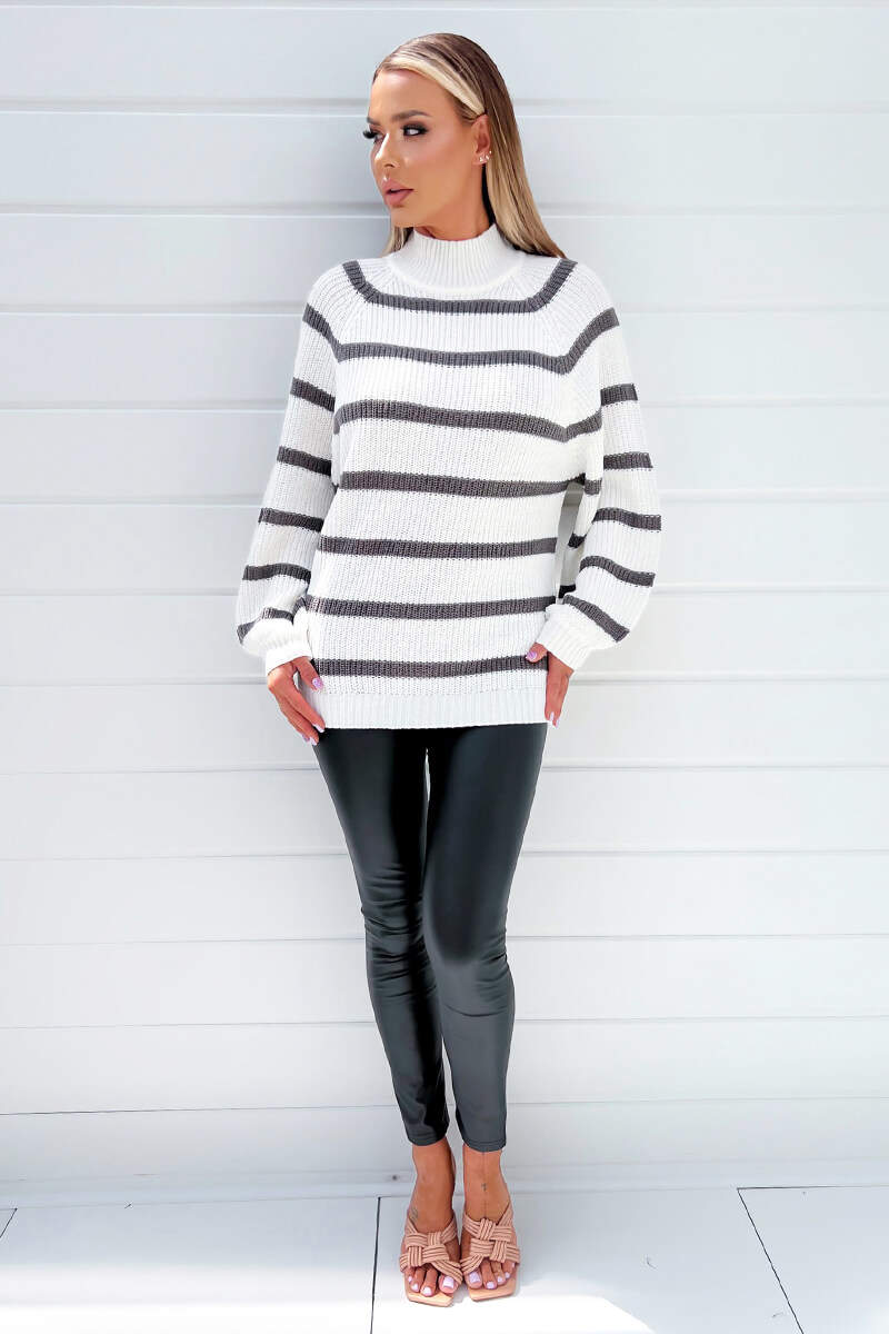 Cream And Grey Striped Long Balloon Sleeve High Neck Knitted Jumper