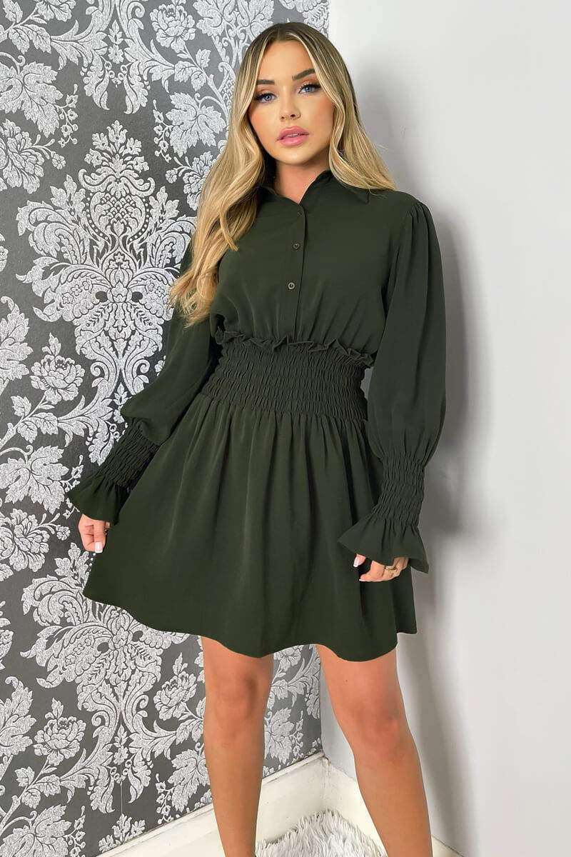 Olive Shirred Waist Long Sleeve Shirt Dress