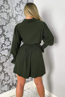 Olive Shirred Waist Long Sleeve Shirt Dress