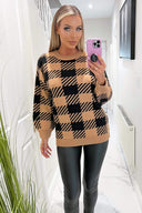 Camel And Black Check Pattern Round Neck Knitted Jumper