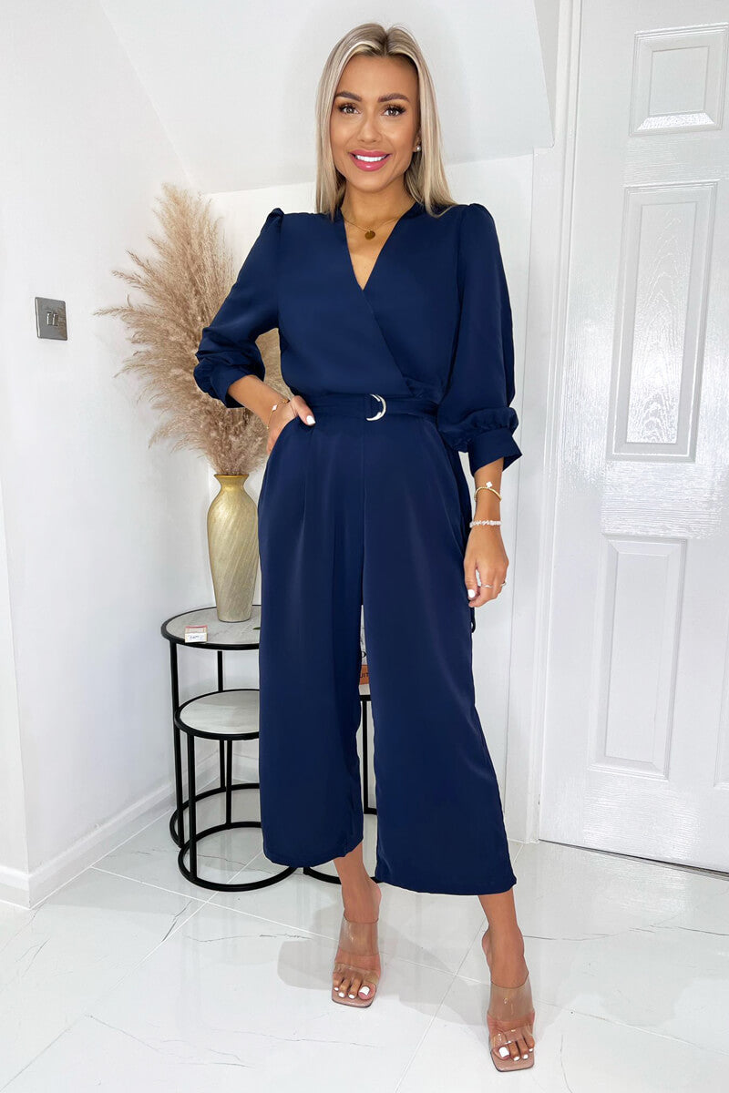 Navy Wrap Top Belted Culotte Jumpsuit