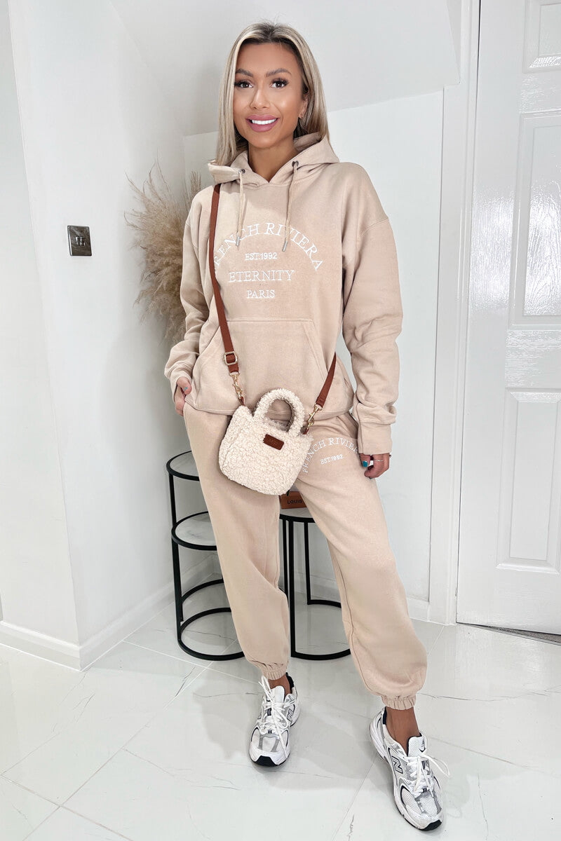 Stone French Riviera Embroidered Slogan Hoodie Lounge Set