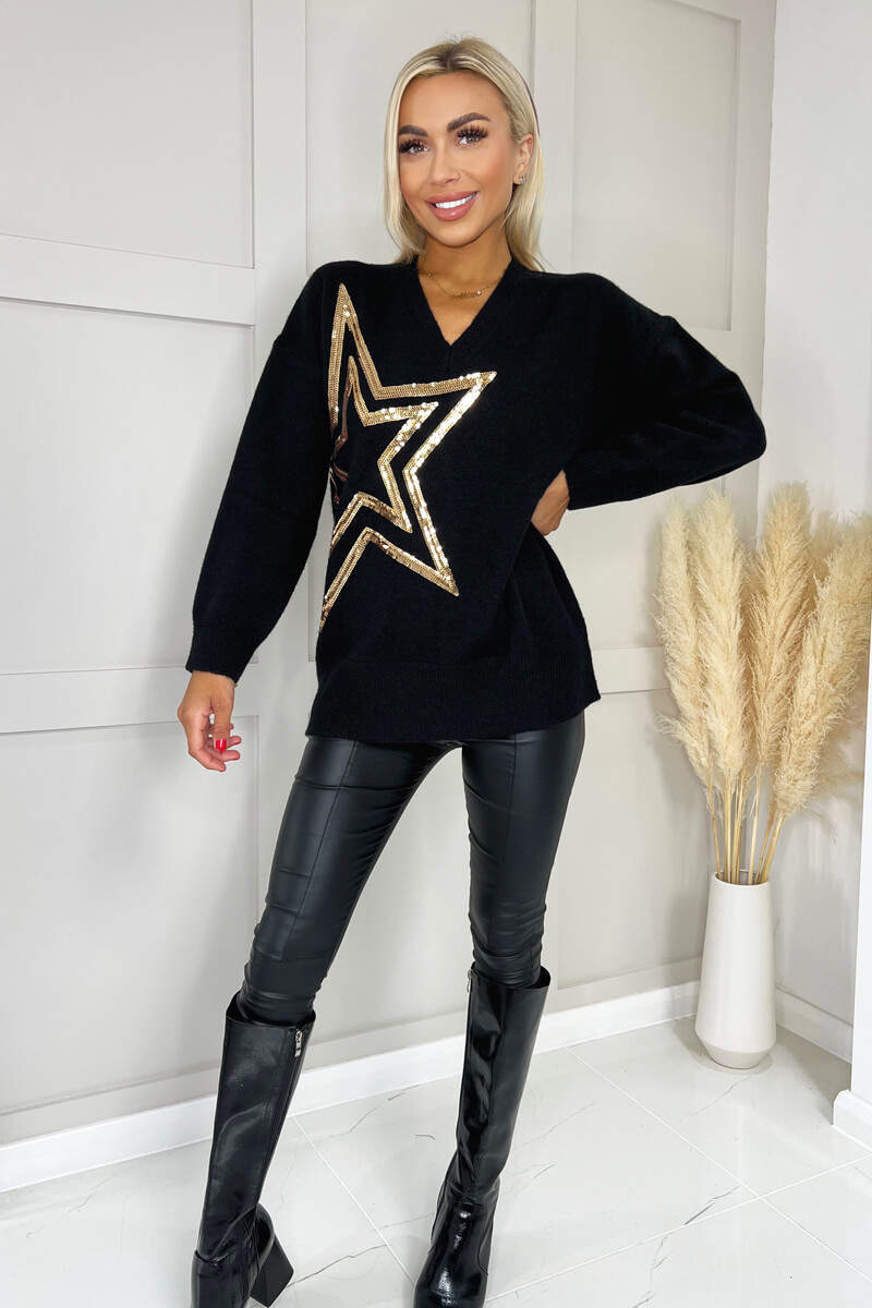 Black V-Neck Gold Sequin Star Knit Jumper