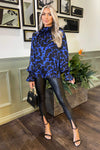Cobalt And Black Printed Shirred High Neck Long Sleeve Top