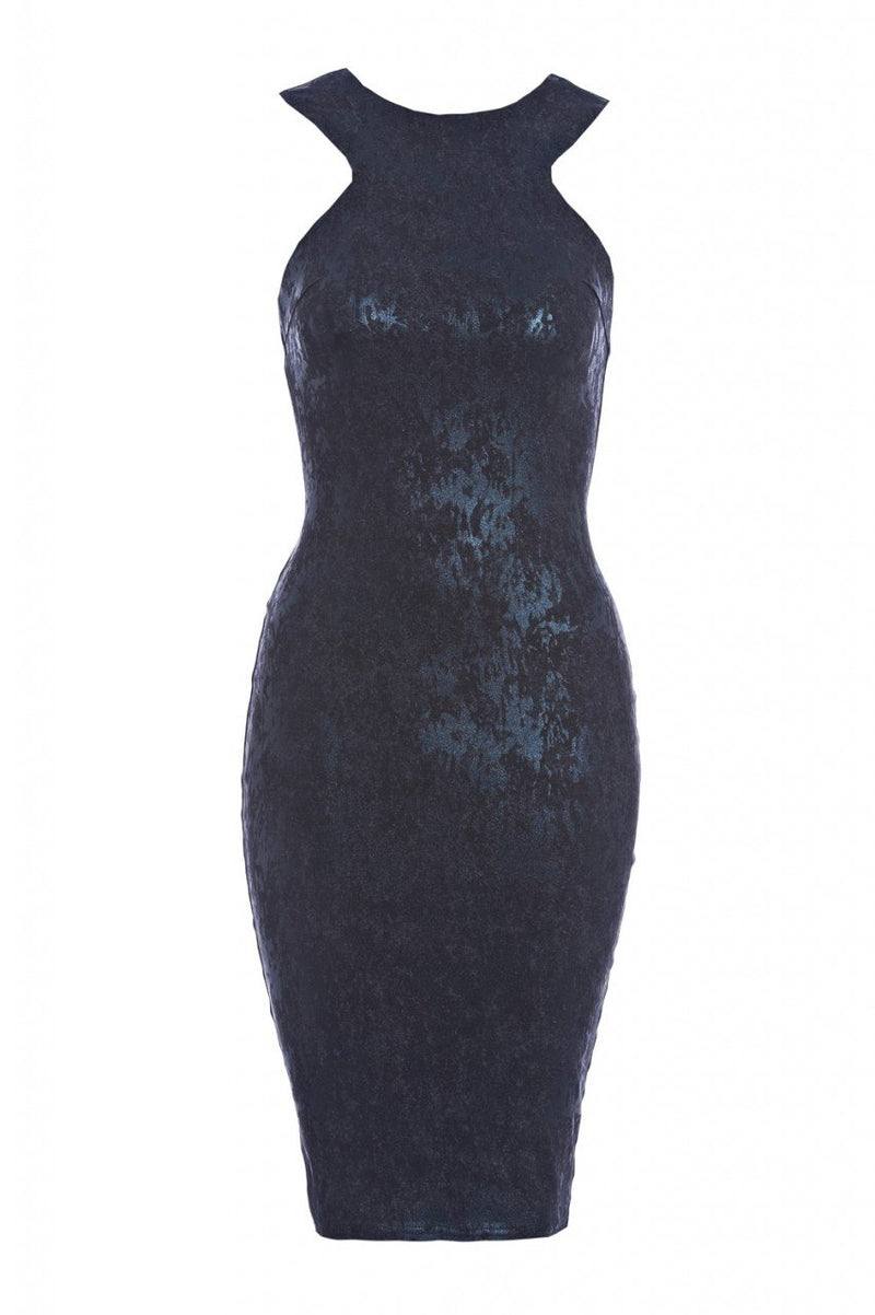 Black Printed Contrast Cut In Neck Dress