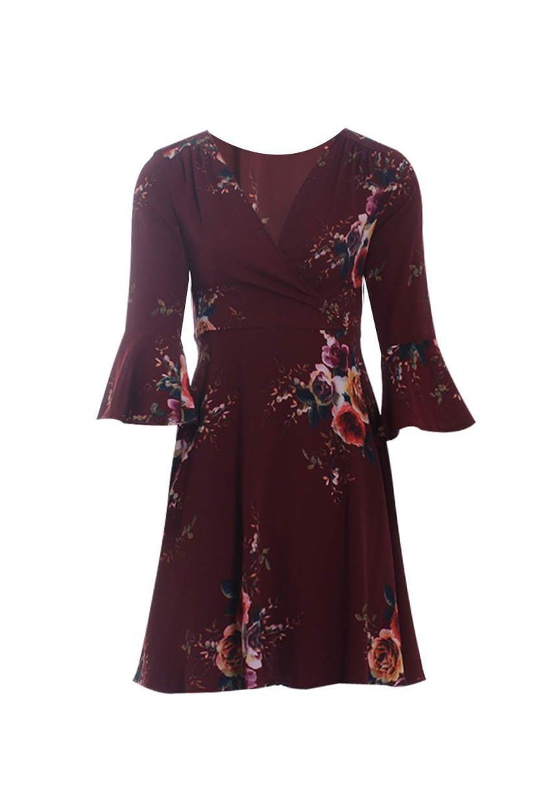 Rust Printed Wrap Over skater dress