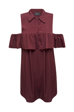 Wine Ruffle Cold Shirt Dress