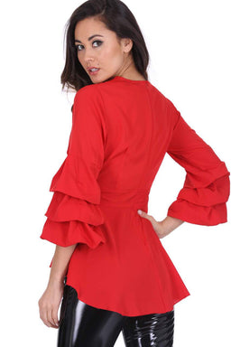 Red Wrap Ruffle Sleeve Top
