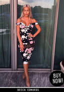 Navy Off Shoulder Floral Bodycon Midi Dress