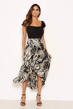 Black Printed Layered Frill Ruched Sleeve Dress
