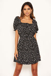 Black Floral Printed Puff Sleeve Ditsy Dress