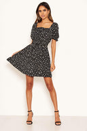 Black Floral Printed Puff Sleeve Ditsy Dress