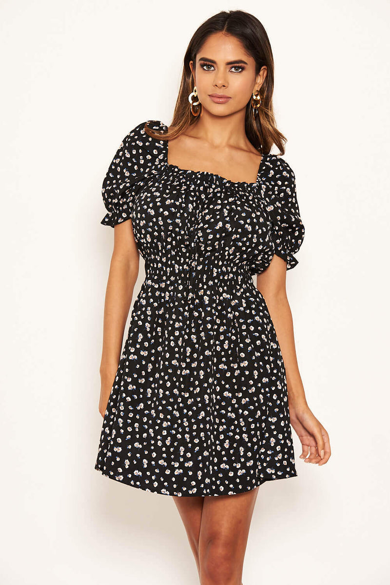 Black Floral Printed Puff Sleeve Ditsy Dress