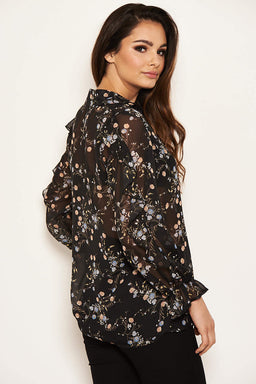 Black Floral Frill Sheer Shirt