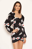 Black Floral Print Sweetheart Wrap Over Dress