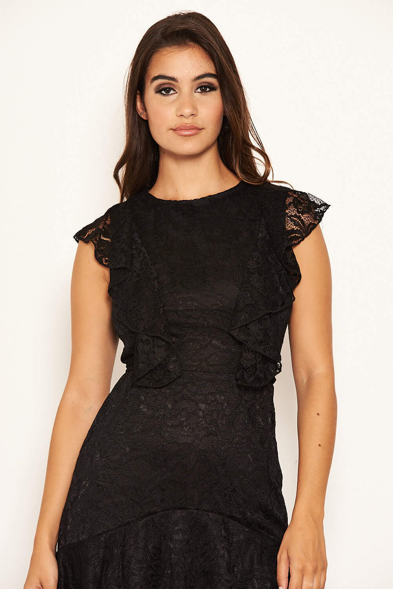 Black Lace Tie Front Frill Dress