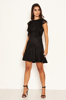 Black Lace Tie Front Frill Dress