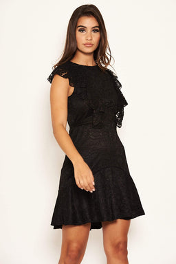 Black Lace Tie Front Frill Dress