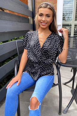 Black Polka Dot Wrap Top