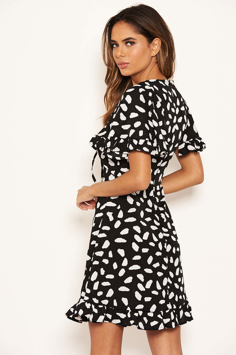 Black Spotted Ruched Bust Detail Dress
