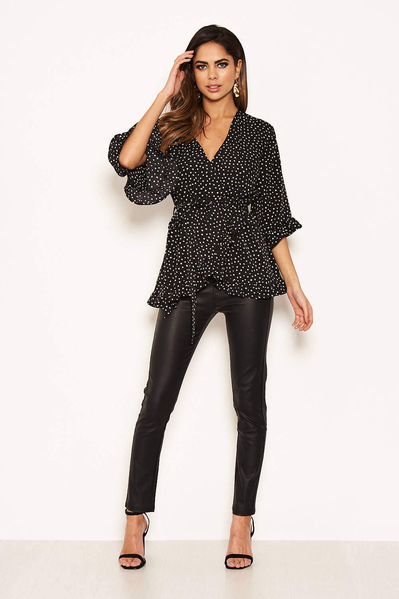 Black Frill Spotted Wrap Top